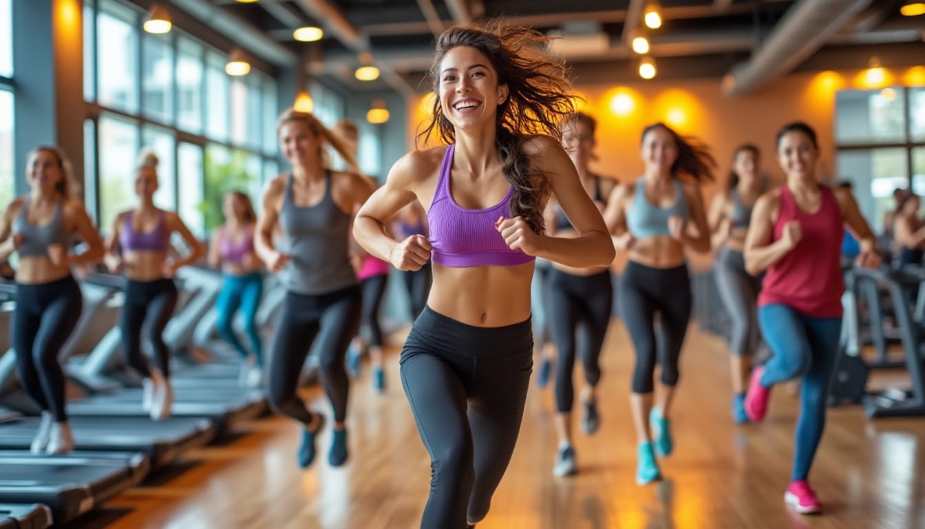 Femme souriante courant en tête d’un groupe dans une salle de fitness lumineuse