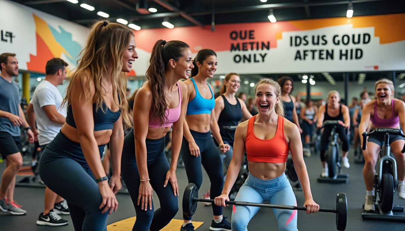 Groupe riant et s’entraînant ensemble dans une salle de fitness colorée