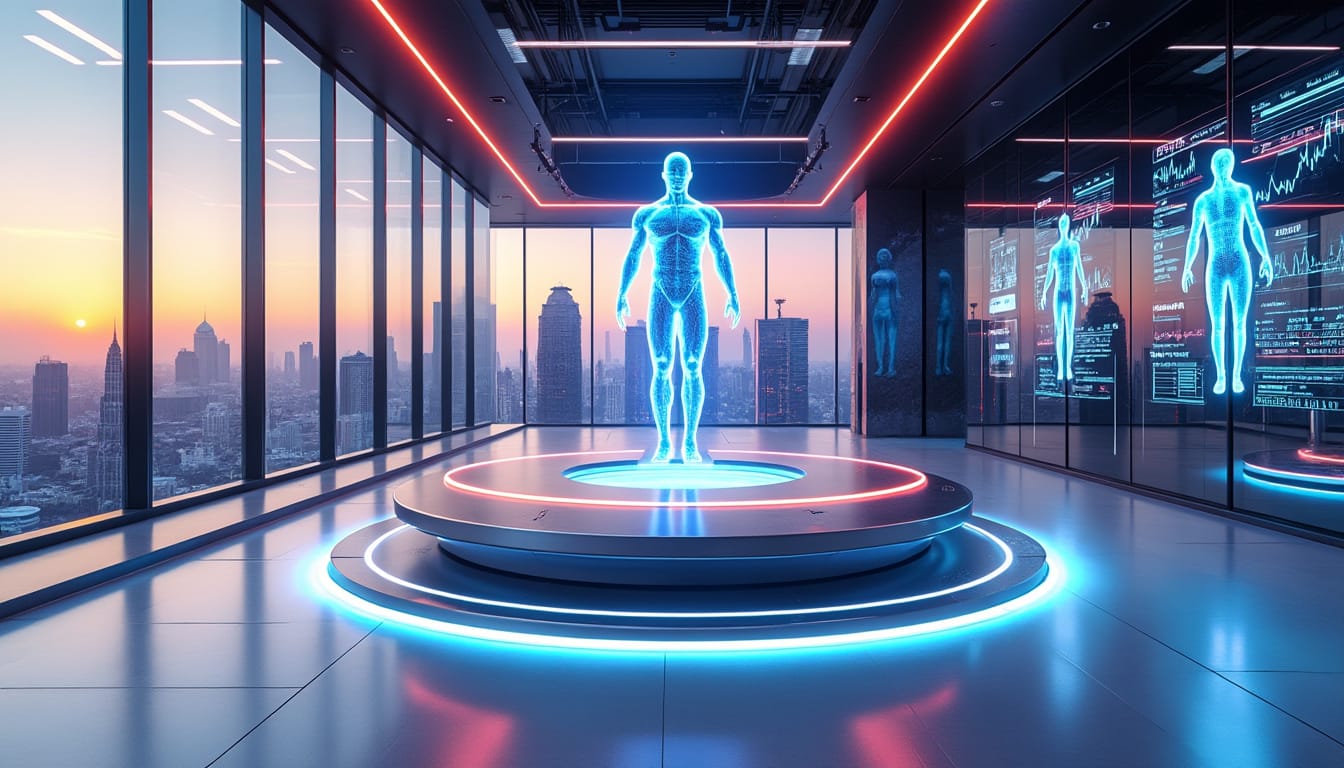 Hologramme bleu d’un corps humain sur une plateforme dans une salle futuriste