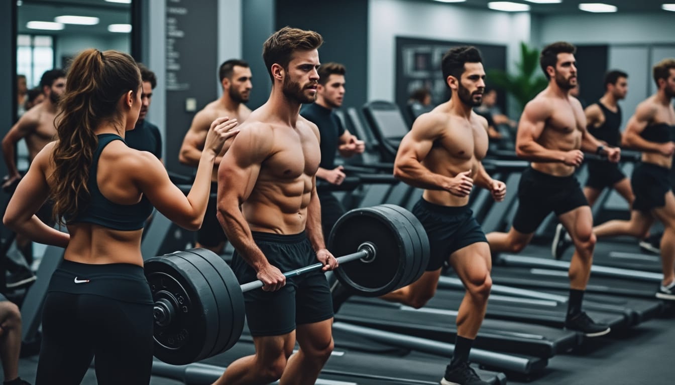 Homme soulevant une barre lourde entouré de sportifs courant sur tapis en salle
