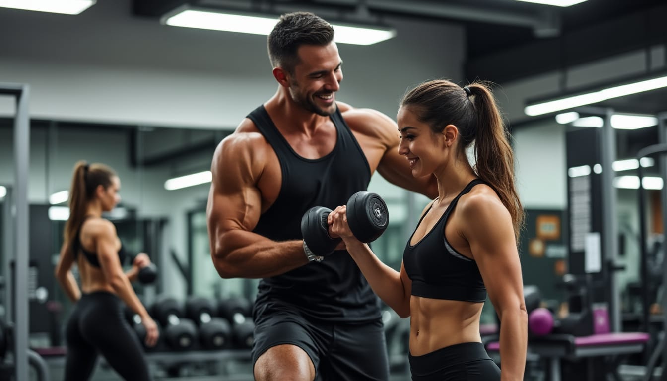 Couple souriant s’entraînant avec haltères dans une salle de musculation