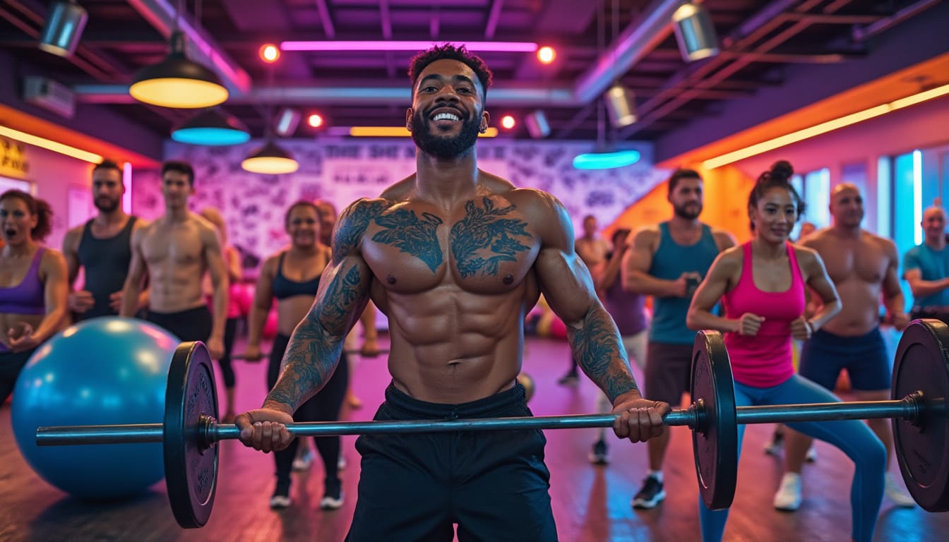 Homme tatoué souriant soulevant une barre dans une salle aux éclairages néon colorés