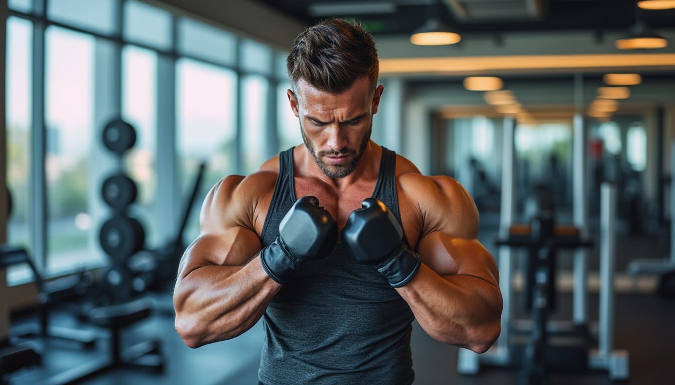 Homme concentré serrant des haltères devant lui dans une salle de fitness