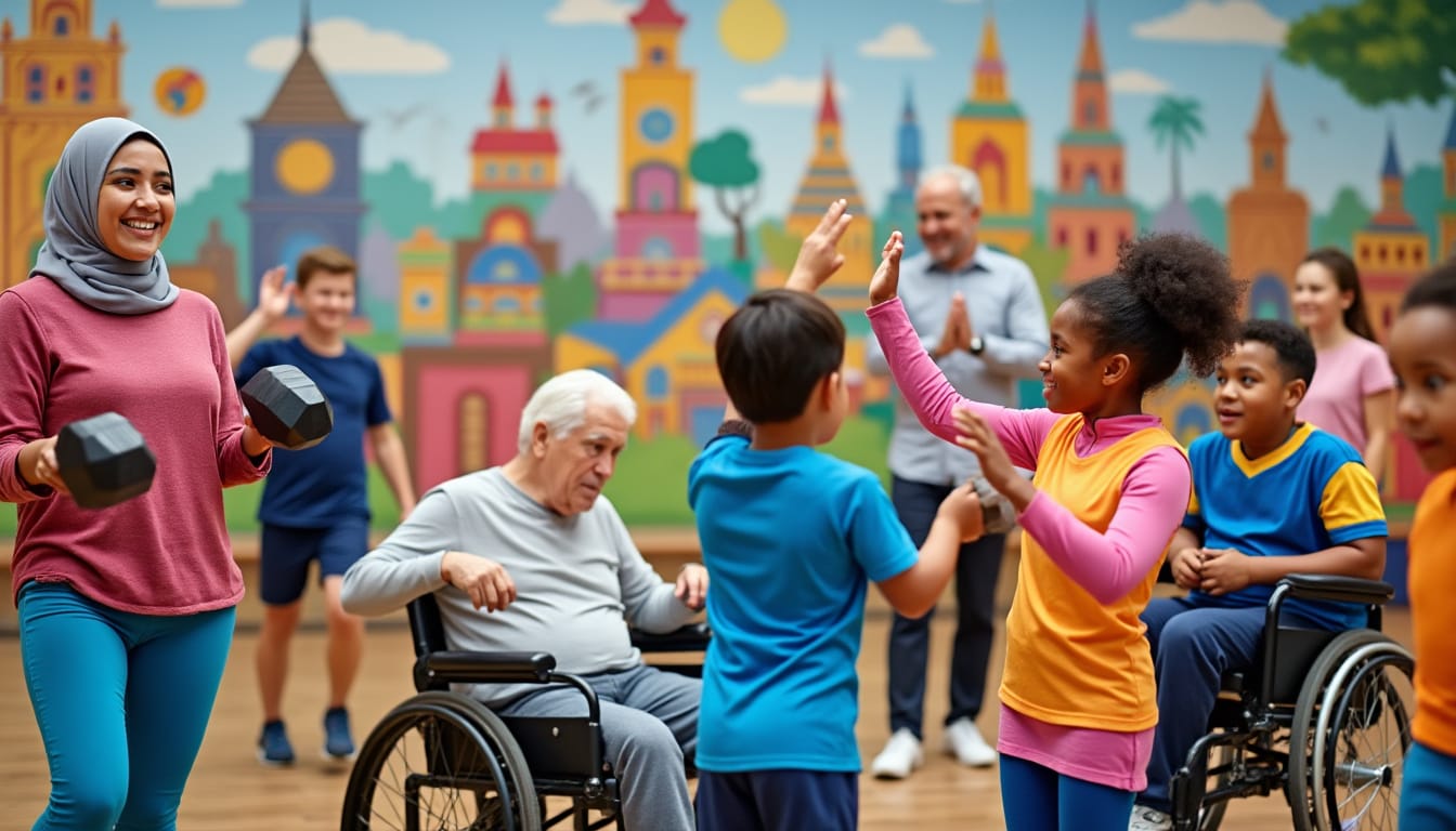 Groupe inclusif avec personnes en fauteuil roulant et enfants faisant du sport ensemble