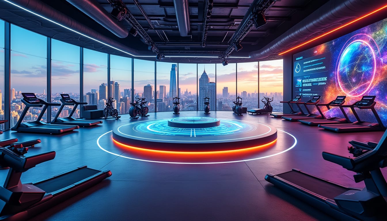 Salle de sport futuriste avec tapis de course et écran géant vue sur la ville