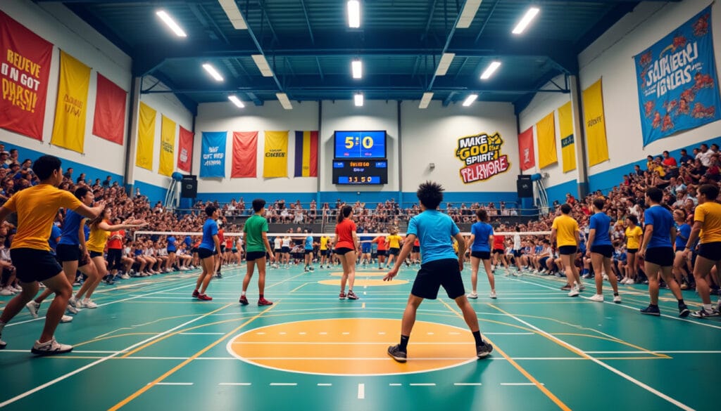 Match de volleyball en salle avec spectateurs dans les gradins et banderoles