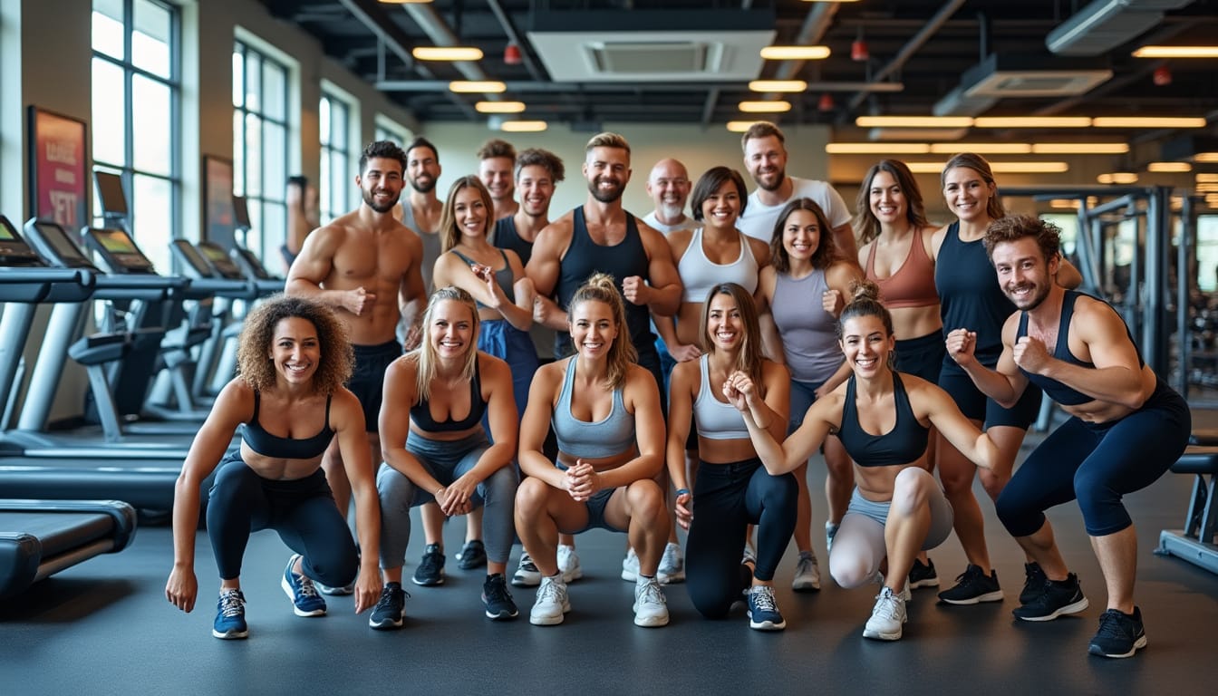 Grand groupe de sportifs souriants posant ensemble dans une salle de fitness