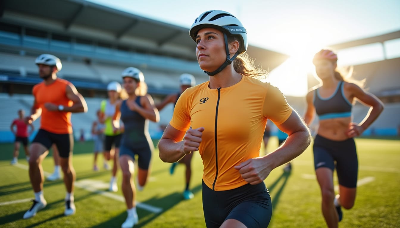 Sportifs avec casques courant sur une piste de stade au soleil couchant