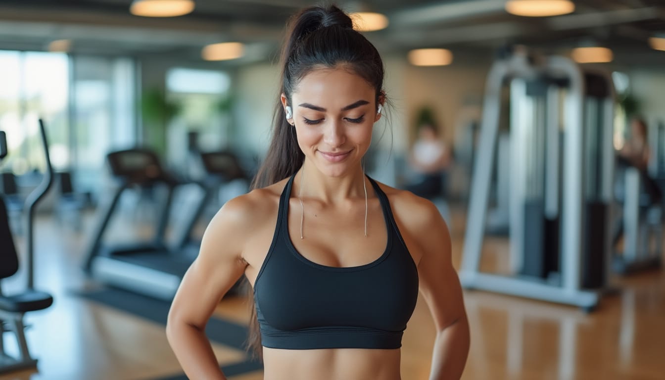 Femme souriante en brassiere noire et écouteurs debout dans une salle de sport