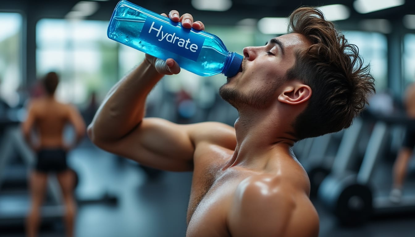 Homme torse nu buvant à une bouteille d’eau bleue dans une salle de sport