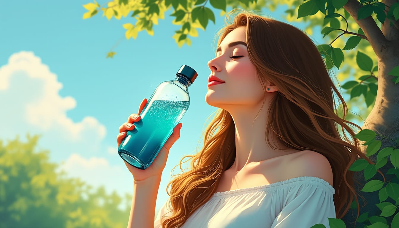 Illustration d’une femme tenant une bouteille d’eau sous un arbre par beau temps