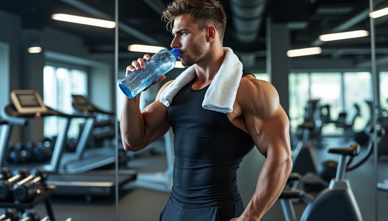 Sportif buvant de l’eau avec serviette sur l’épaule dans une salle de musculation