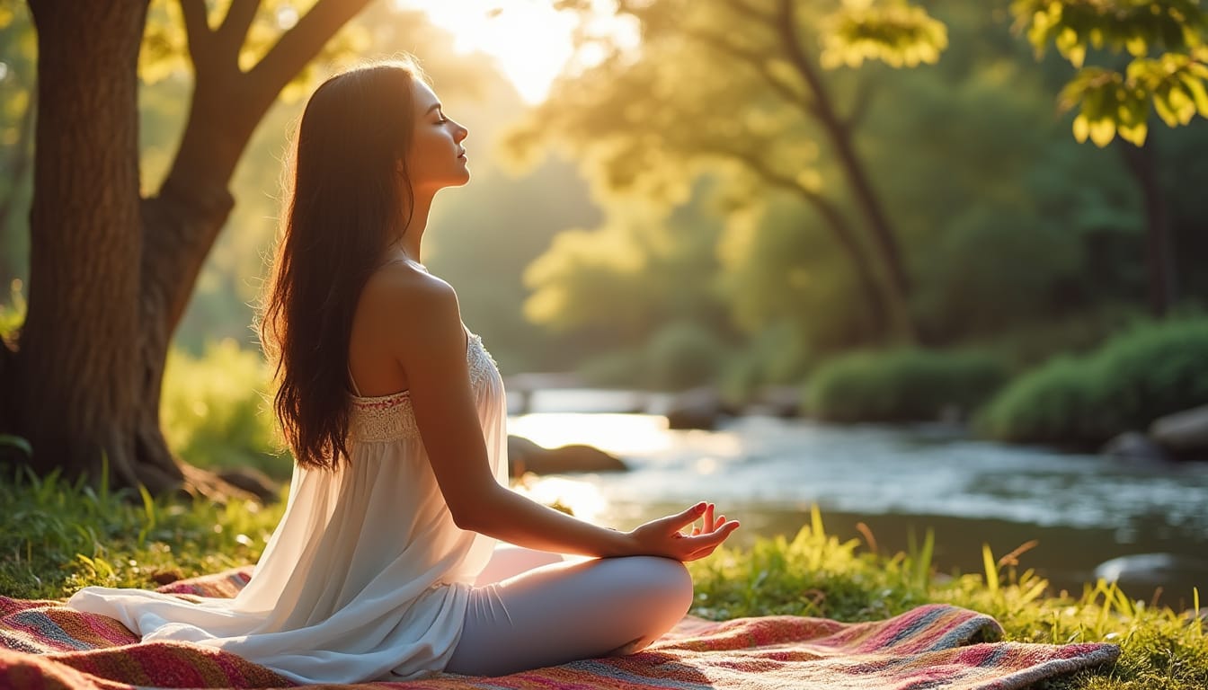 Femme méditant assise sur un plaid au bord d’une rivière au coucher du soleil