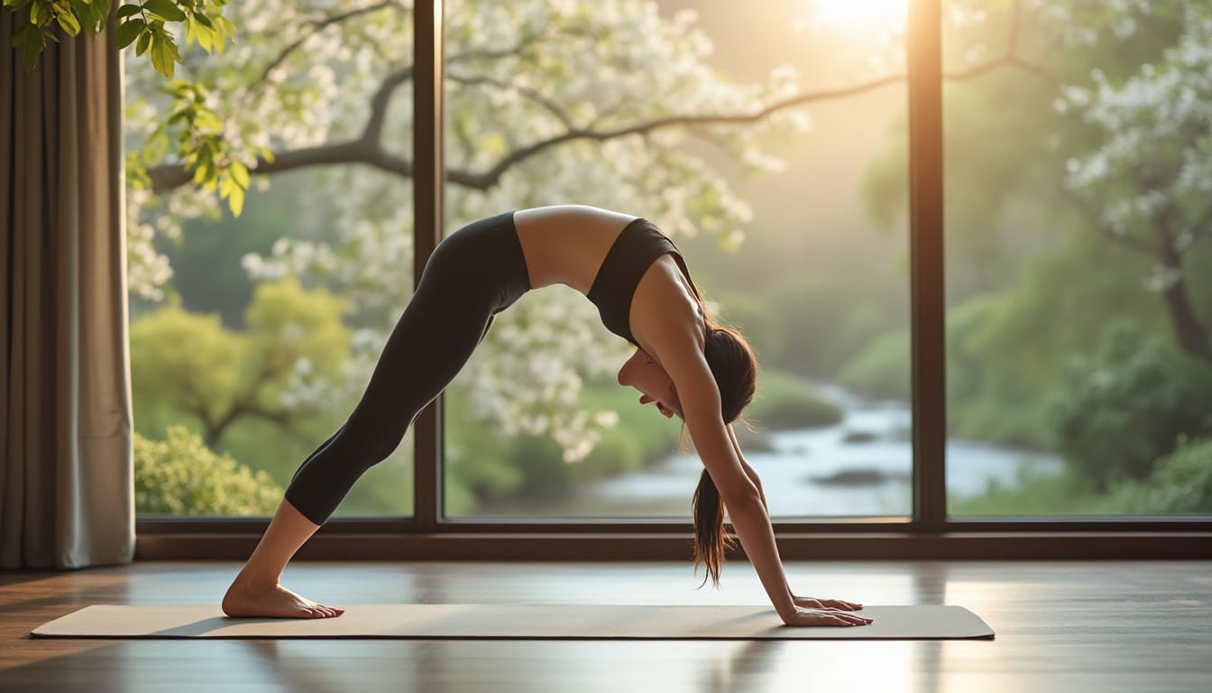 Femme en posture de pont arrière sur un tapis de yoga devant une baie vitrée