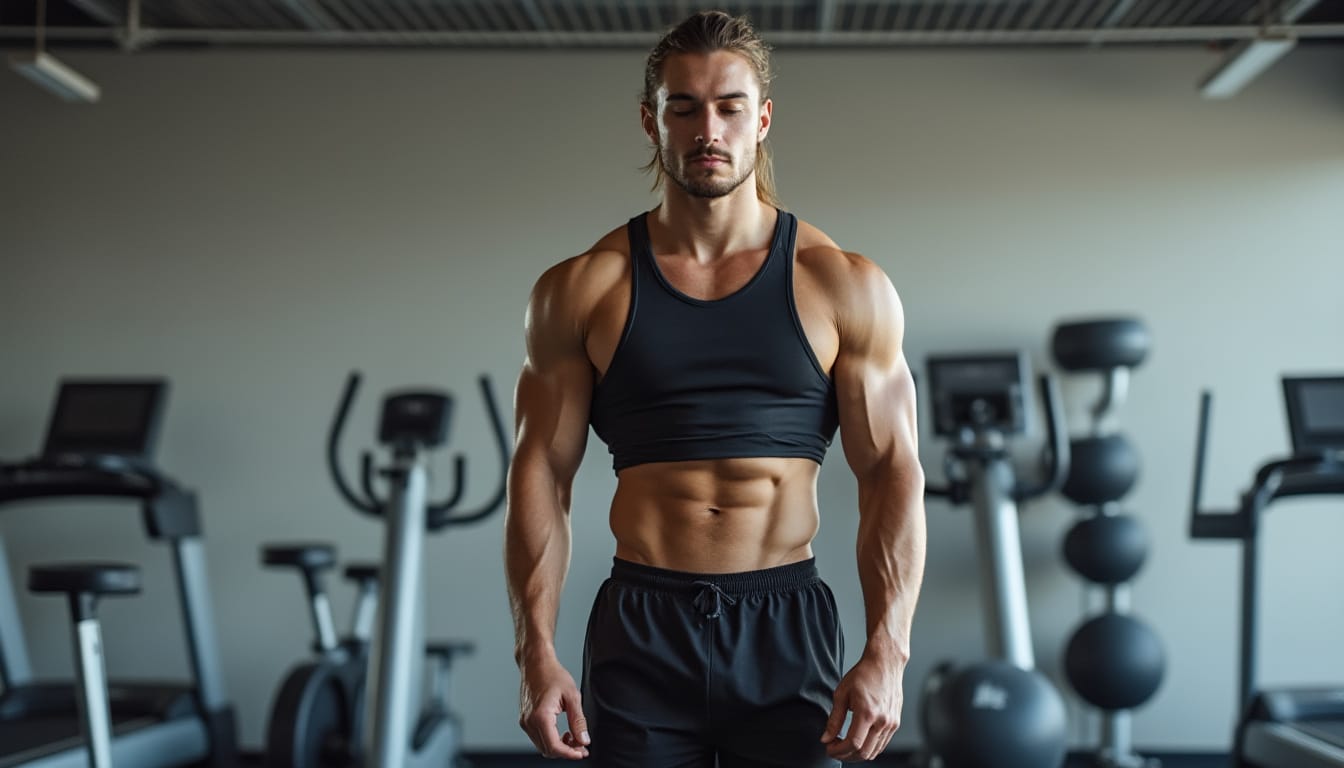 Homme musclé debout les yeux fermés en concentration dans une salle d’équipements