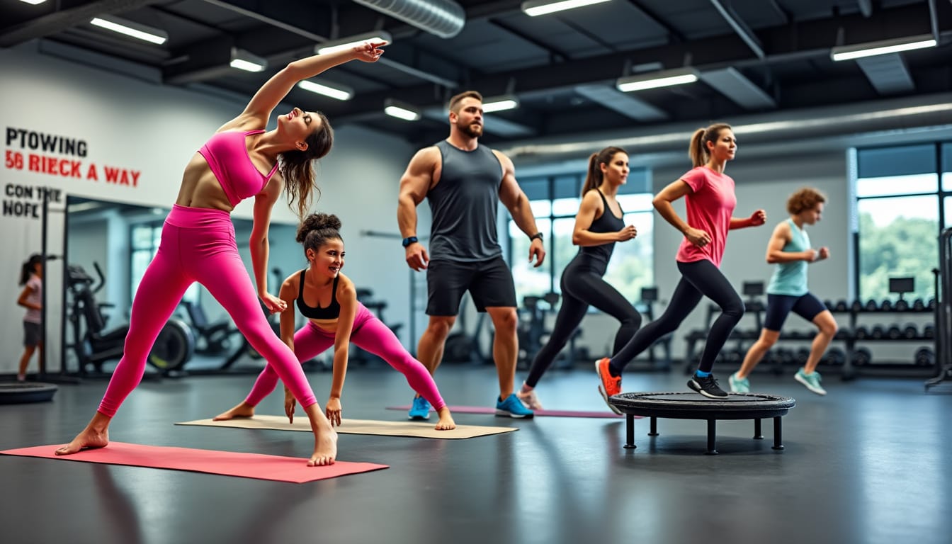 Groupe s’étirant et s’échauffant sur tapis et trampoline dans une salle de fitness