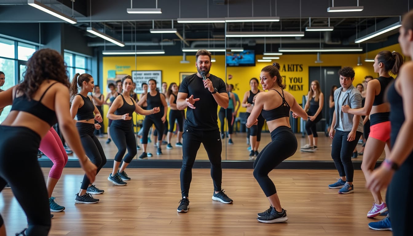 Coach avec micro animant un cours collectif de fitness dans une salle miroir