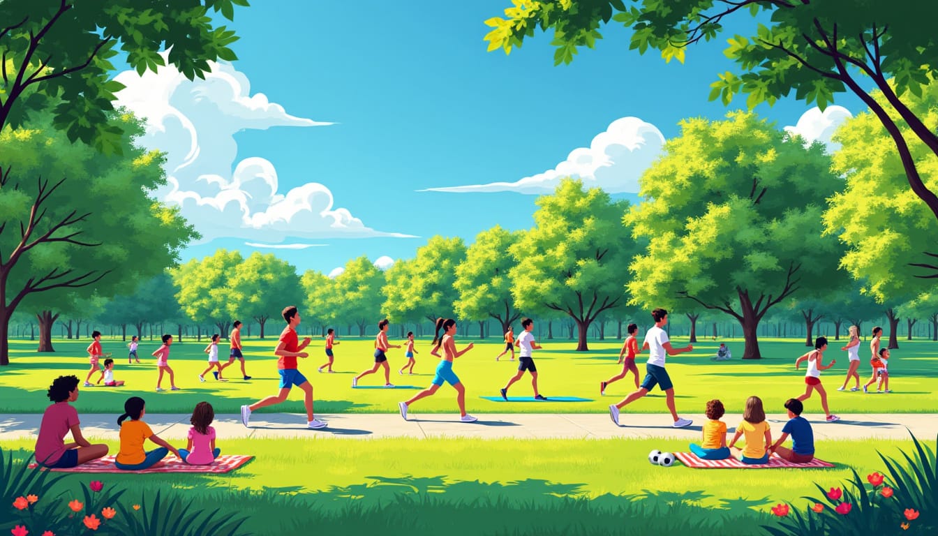 Illustration de coureurs et sportifs s’exerçant dans un parc verdoyant ensoleillé