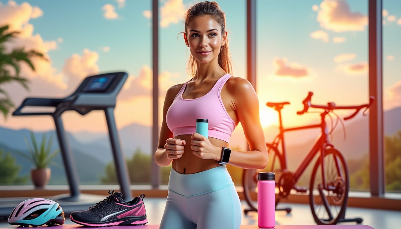 Sportive avec gourde devant un tapis de course et un vélo au coucher du soleil