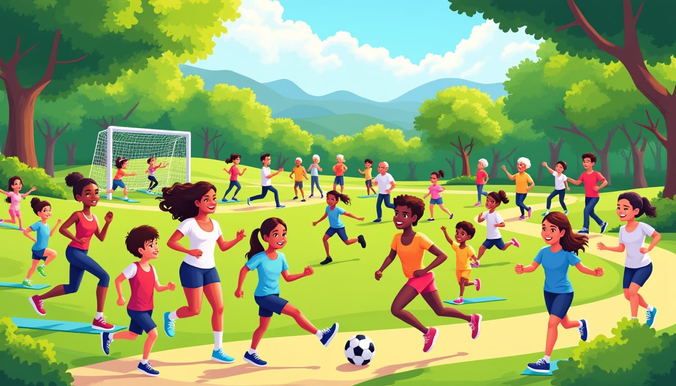 Illustration d’enfants et adultes jouant au football et courant dans un parc