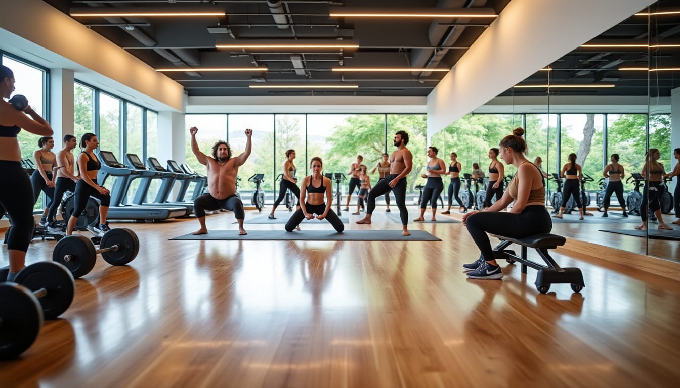 Groupe s’entraînant avec barres et tapis dans une grande salle lumineuse