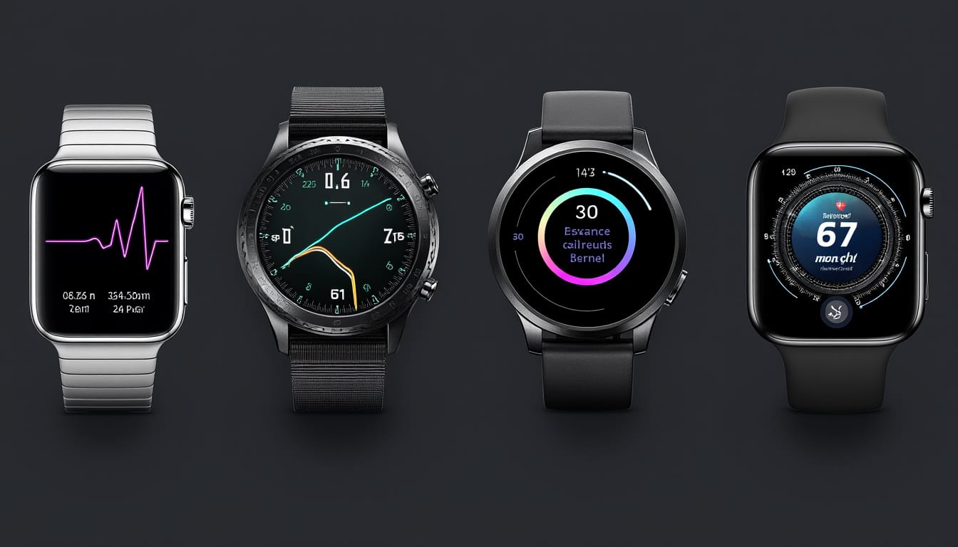 Quatre montres connectées sport alignées sur fond noir avec cadrans lumineux