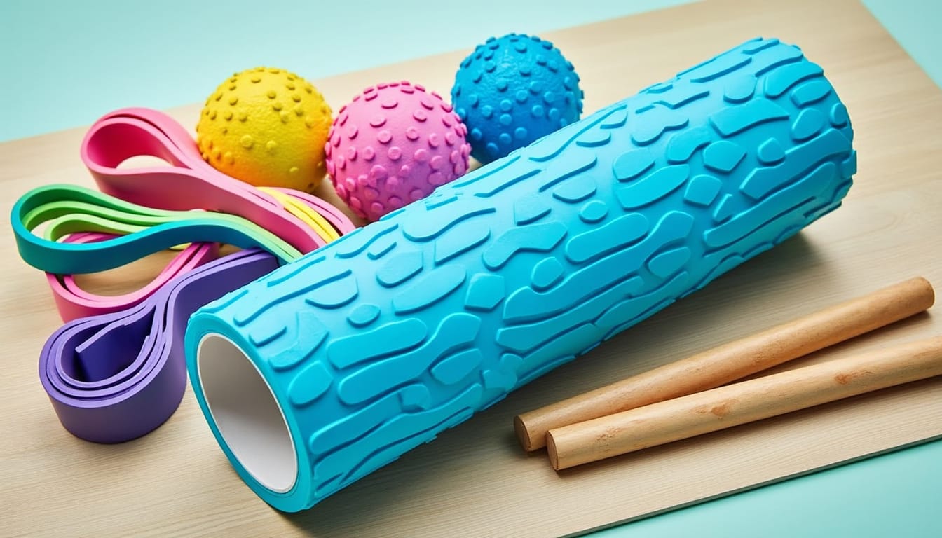 Rouleau de massage bleu, balles à picots et bandes élastiques colorées sur un tapis