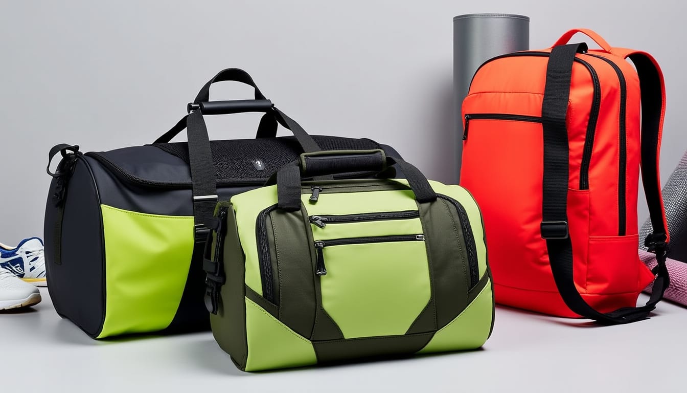 Sacs de sport colorés avec baskets et tapis de yoga sur fond neutre